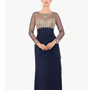 XSCAPE Dress Petite Embellished Illusion-Bodice Ruched Gown